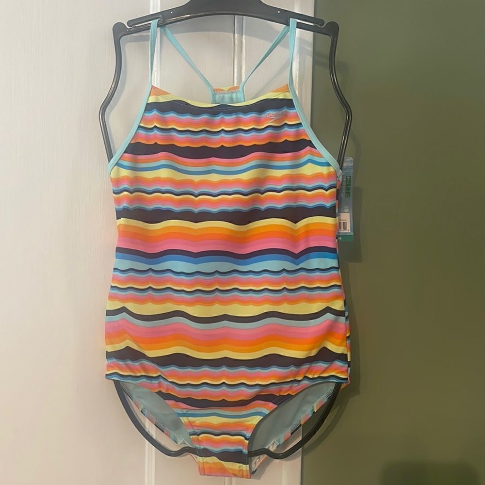 #17 Speedo youth bathing suit blue, orange, pink Medium 10 1 piece NWT Stripes